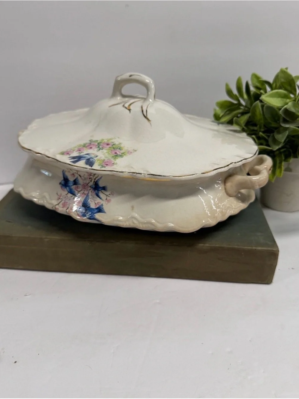 Antique Bluebird Floral Covered Serving Tureen in Cream with Blue & Pink Accents